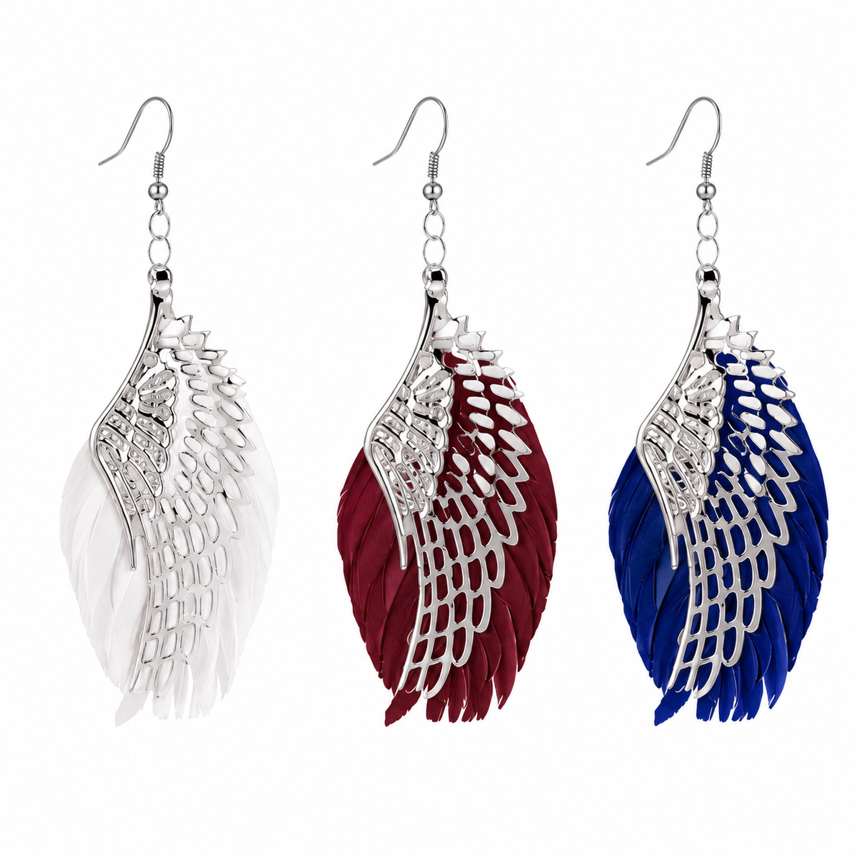 Three angel wing drop earrings on a plain white background, shown in white, burgundy, and blue color options. Each earring features a silver-tone metal wing structure with a feathered side.