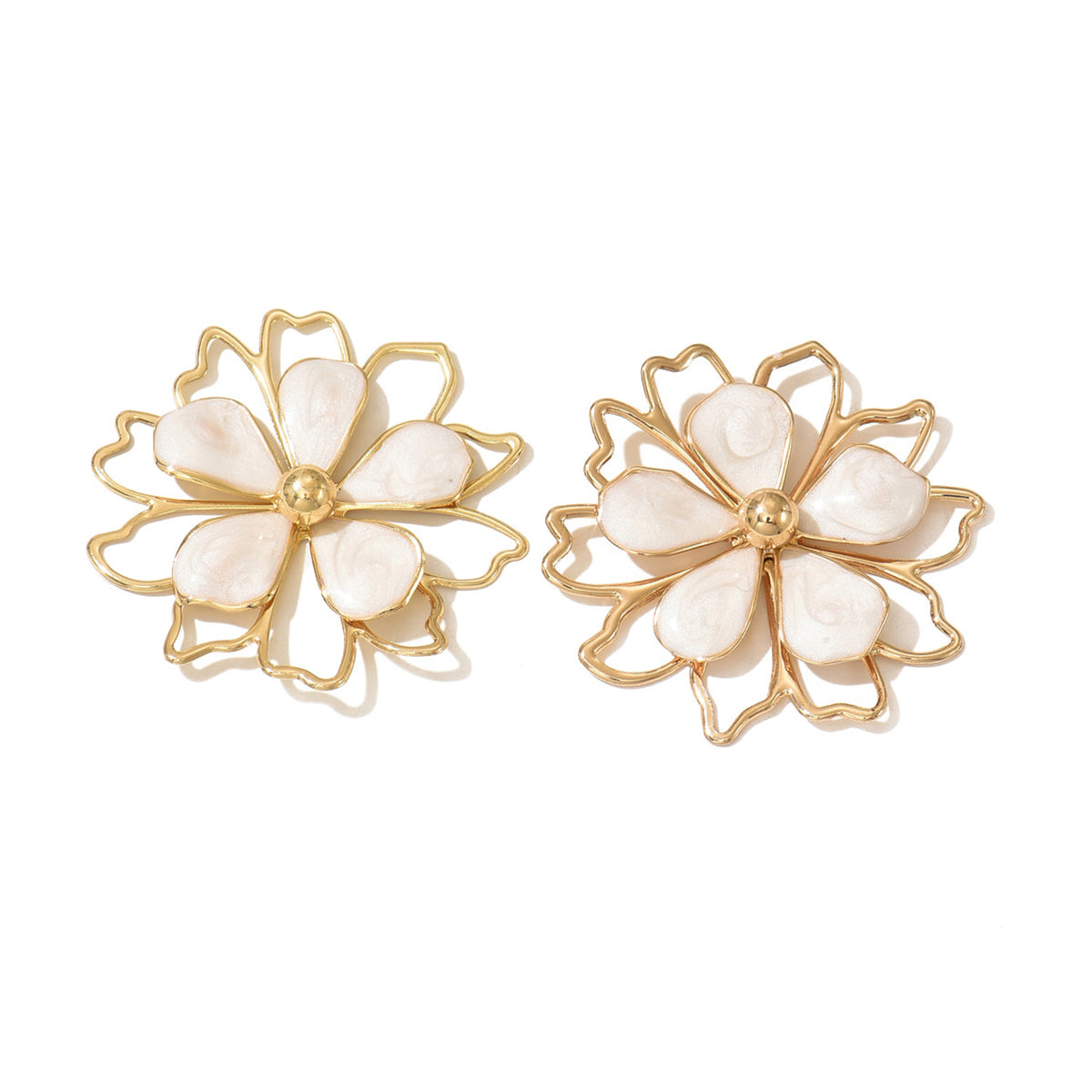 A pair of gold flower-shaped stud earrings with iridescent white mother-of-pearl petals, displayed on a clean white background.