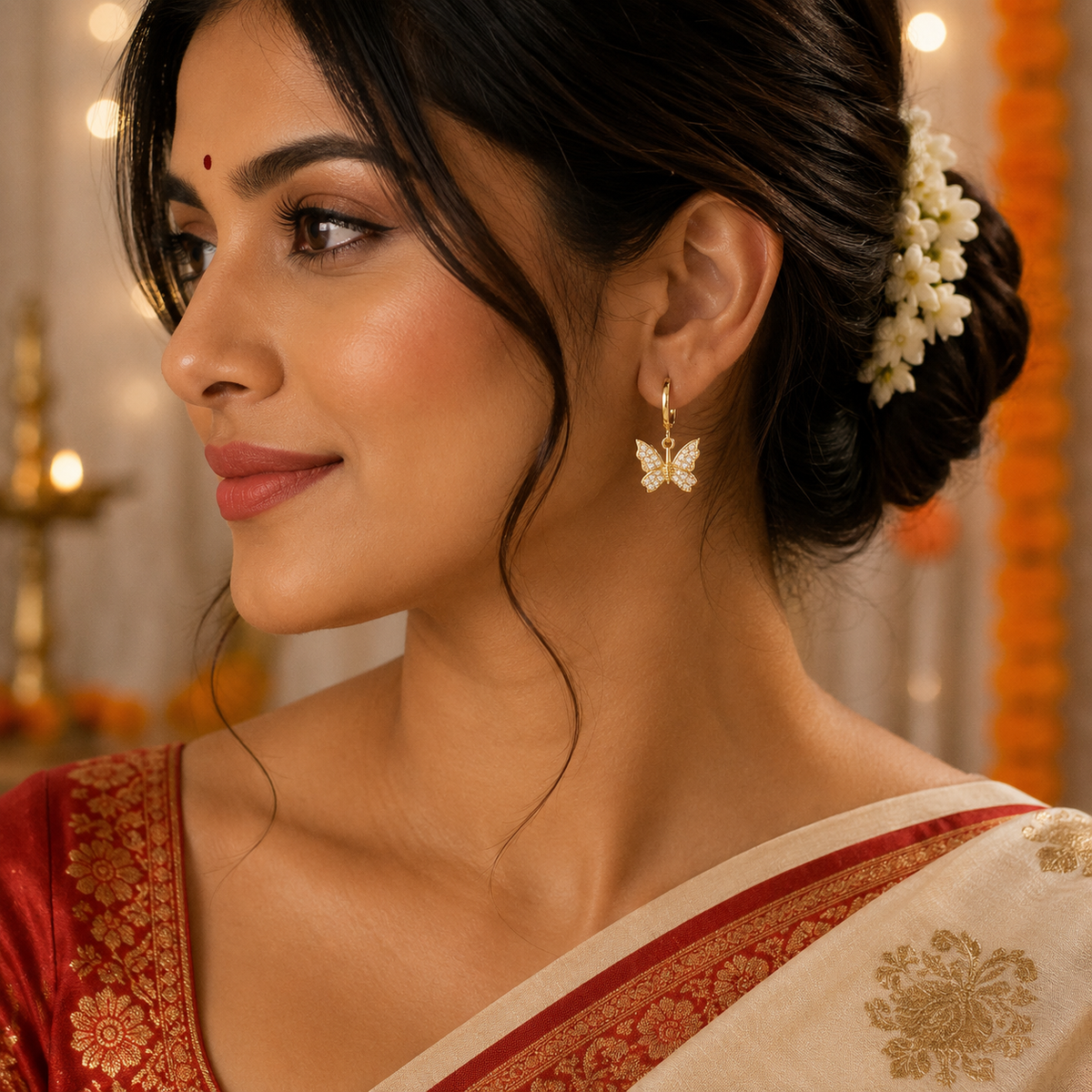 A woman in a red and cream saree wearing a gold butterfly earring with white stones, shown in a close-up profile portrait.