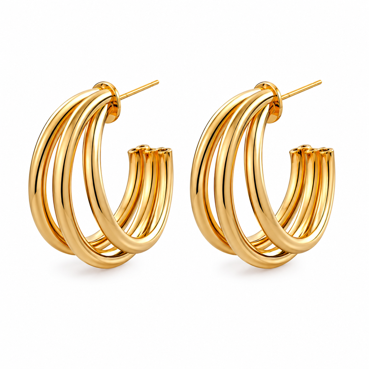 A pair of gold triple-band hoop earrings with post backs, shown on a clean white background.