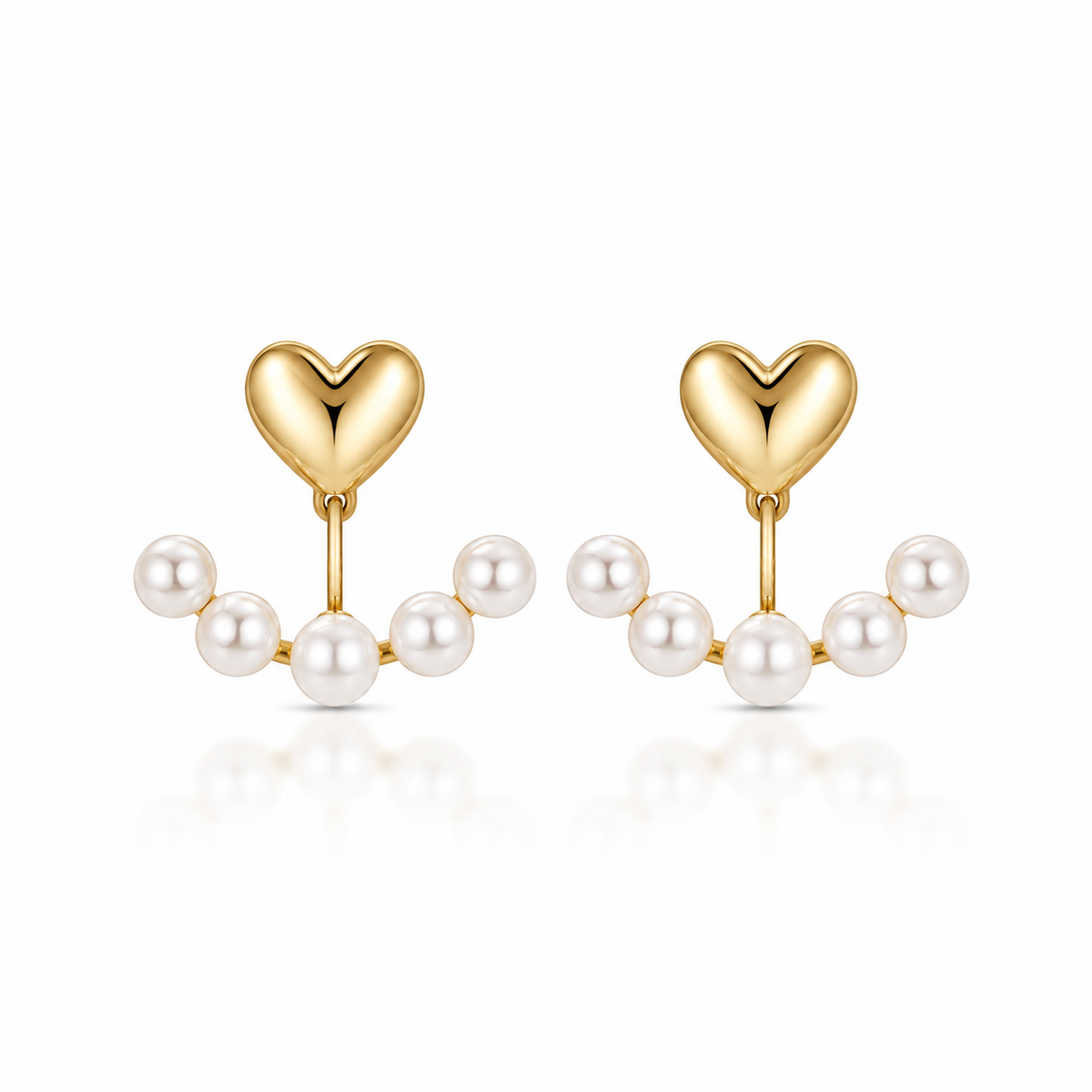 A romantic twist on classic pearl jewellery, these Gold Heart & Pearl Ear Jacket Earrings feature a polished gold-tone heart stud paired with a delicate curved row of luminous white pearls. Designed to sit beautifully beneath the earlobe, the pearl ear jacket creates an elegant floating effect for a feminine, contemporary finish.