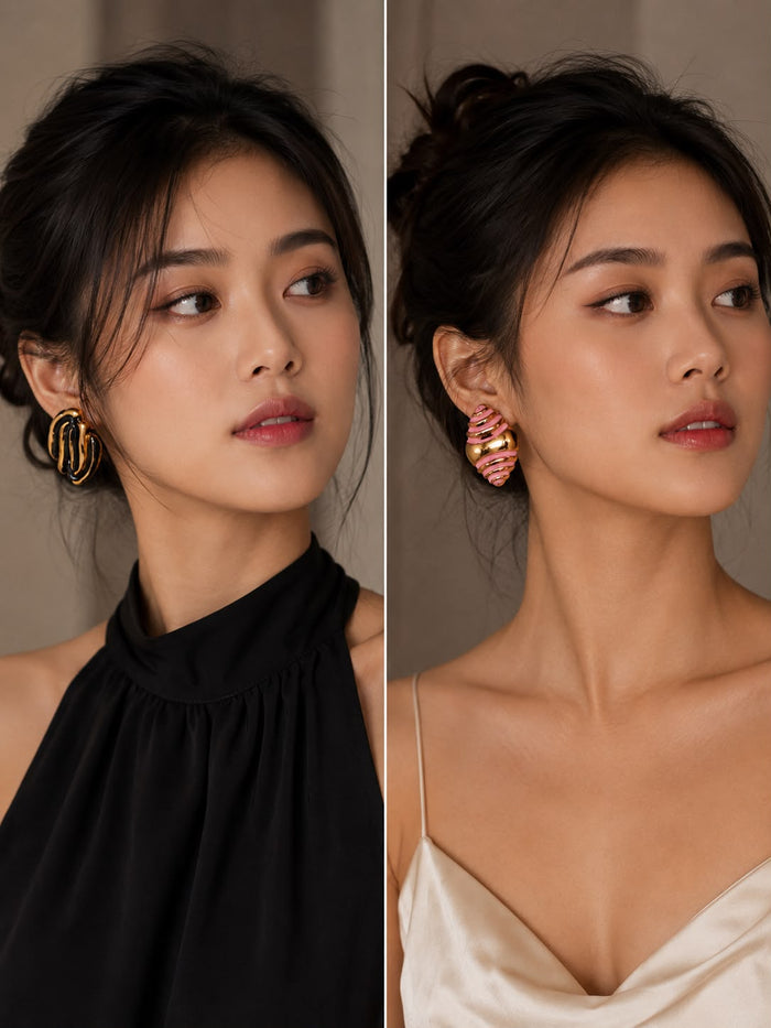 A split-screen beauty shot showing a model wearing two different pairs of statement earrings. On the left, she wears a large gold-toned geometric hoop earring with black detailing, paired with a black halter top.