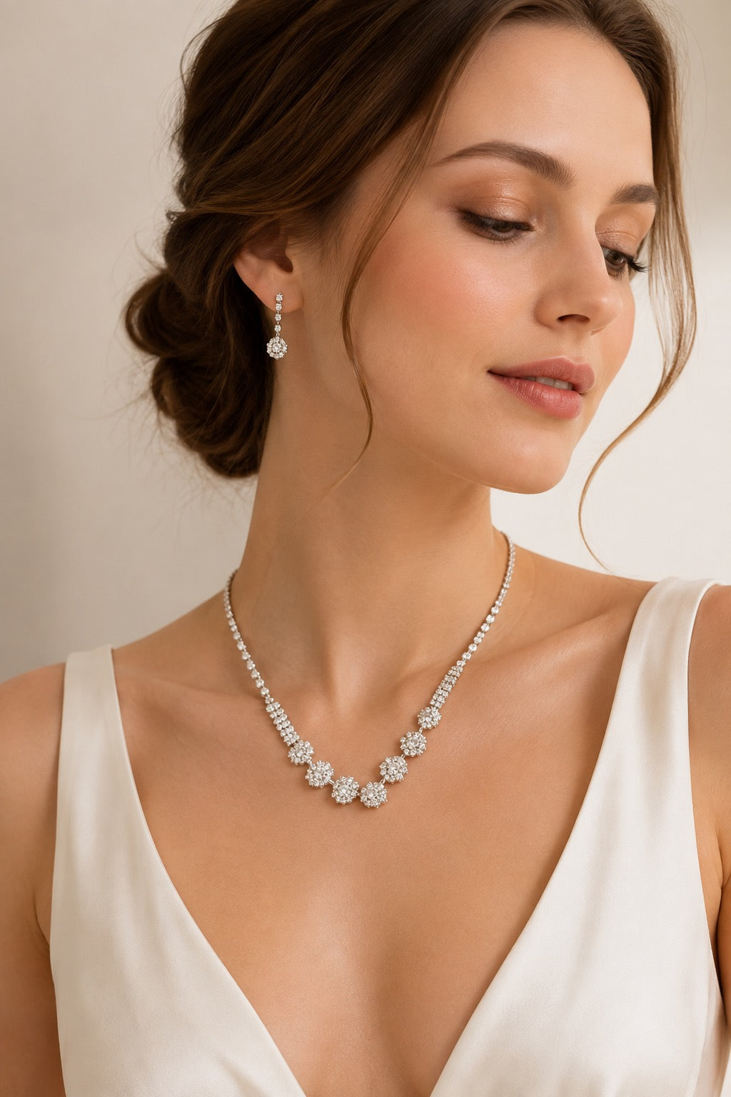 A woman wearing a delicate diamond necklace and matching drop earrings, styled with a white satin dress against a soft beige background.