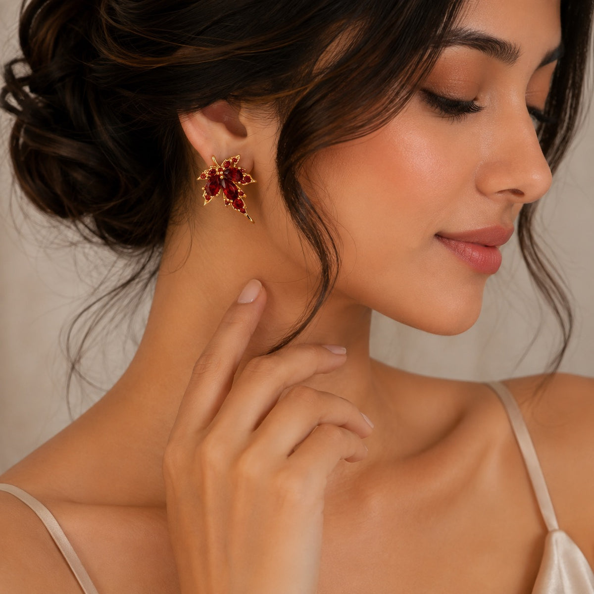 Dark Red Crystal Maple Leaves Stud Earrings