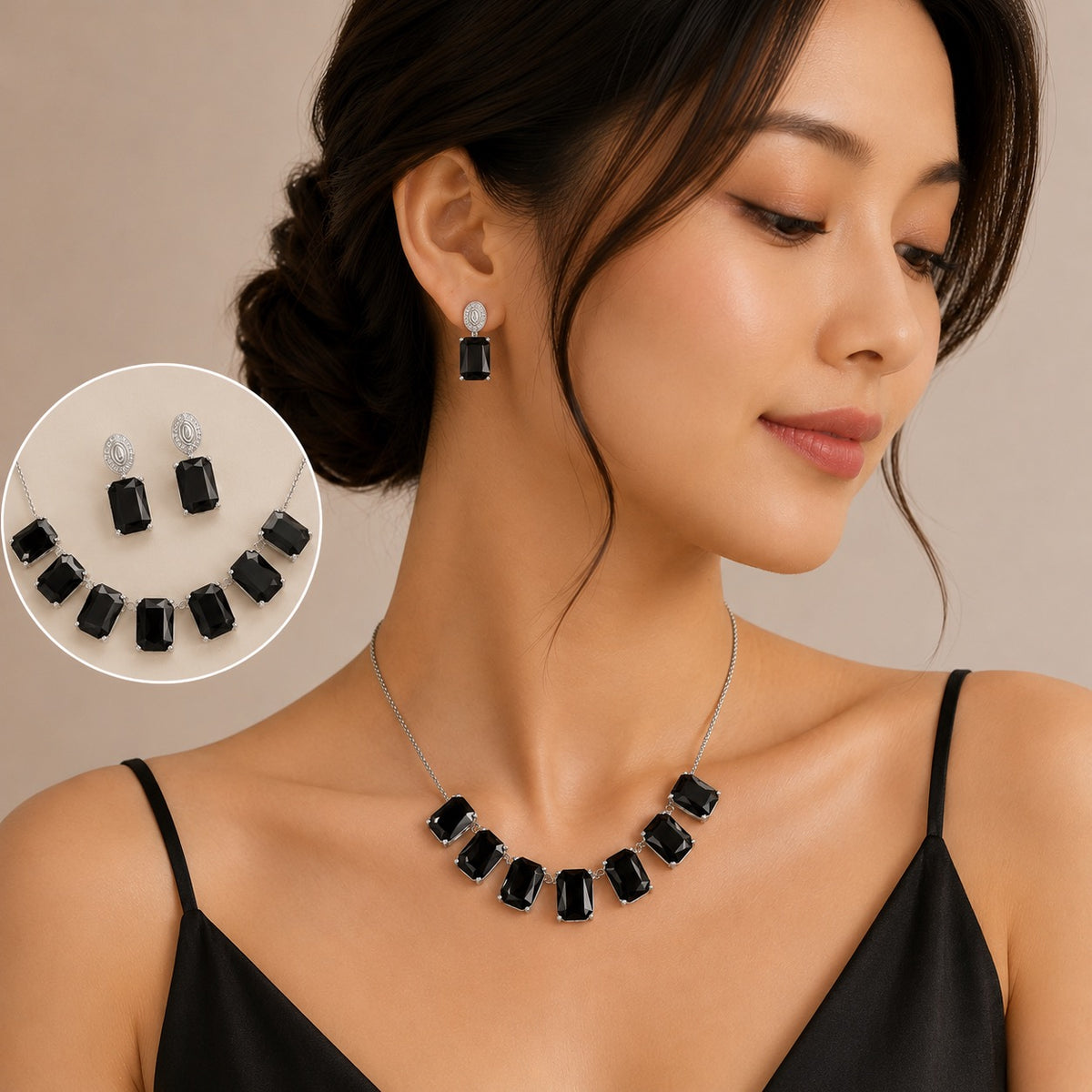 Rectangular Geometric Colored Glass Zircon Earrings Necklace Set