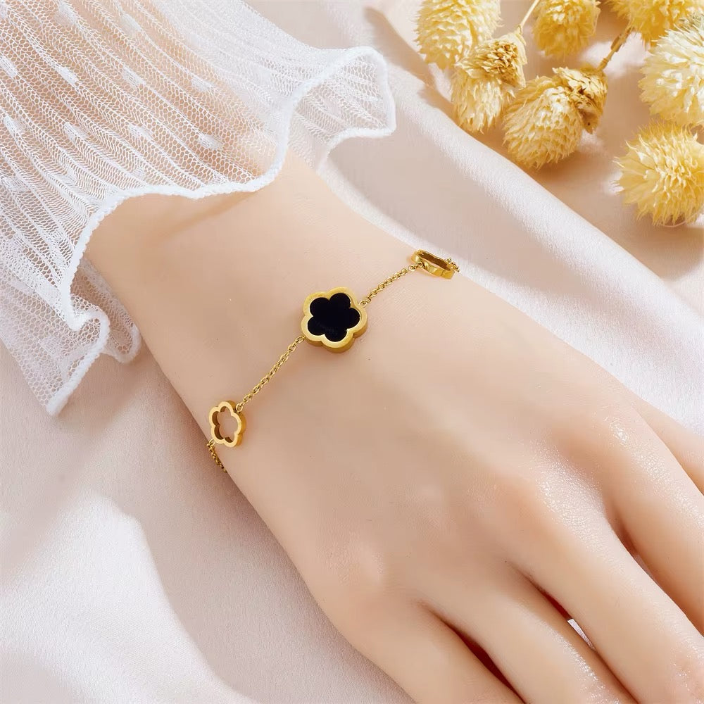 18k Gold Plated Black Clover Flower Thin linked Chain Bracelet