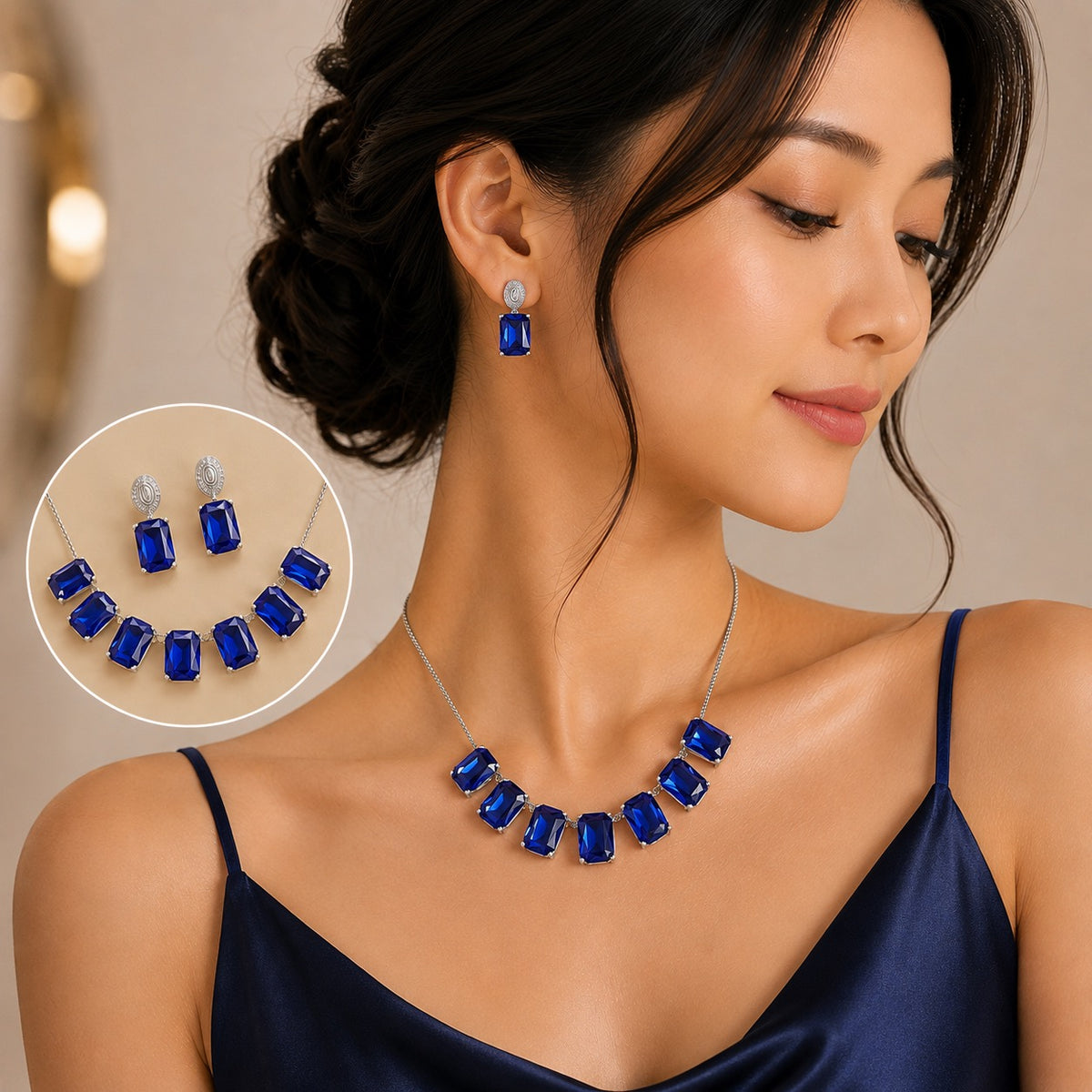 Rectangular Geometric Colored Glass Zircon Earrings Necklace Set