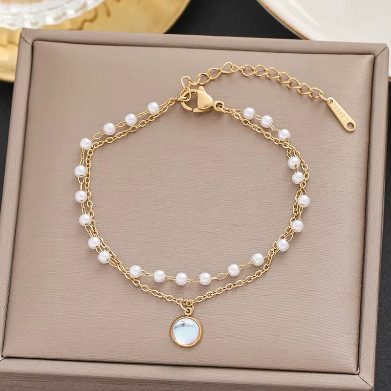 18k Gold Plated Thin Linked Chain and Pearl Bracelet
