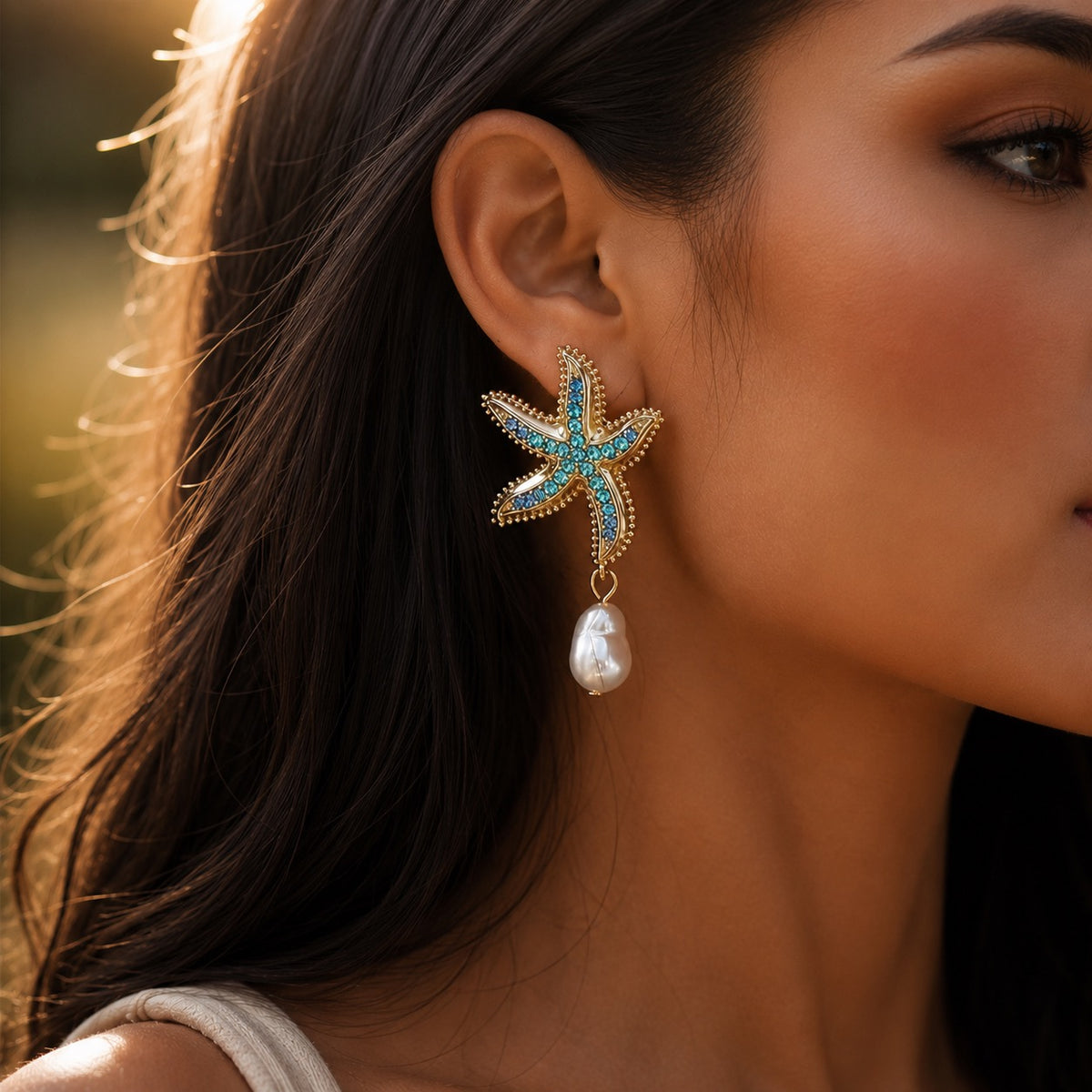 Starfish Ear Studs with Pearl Drop