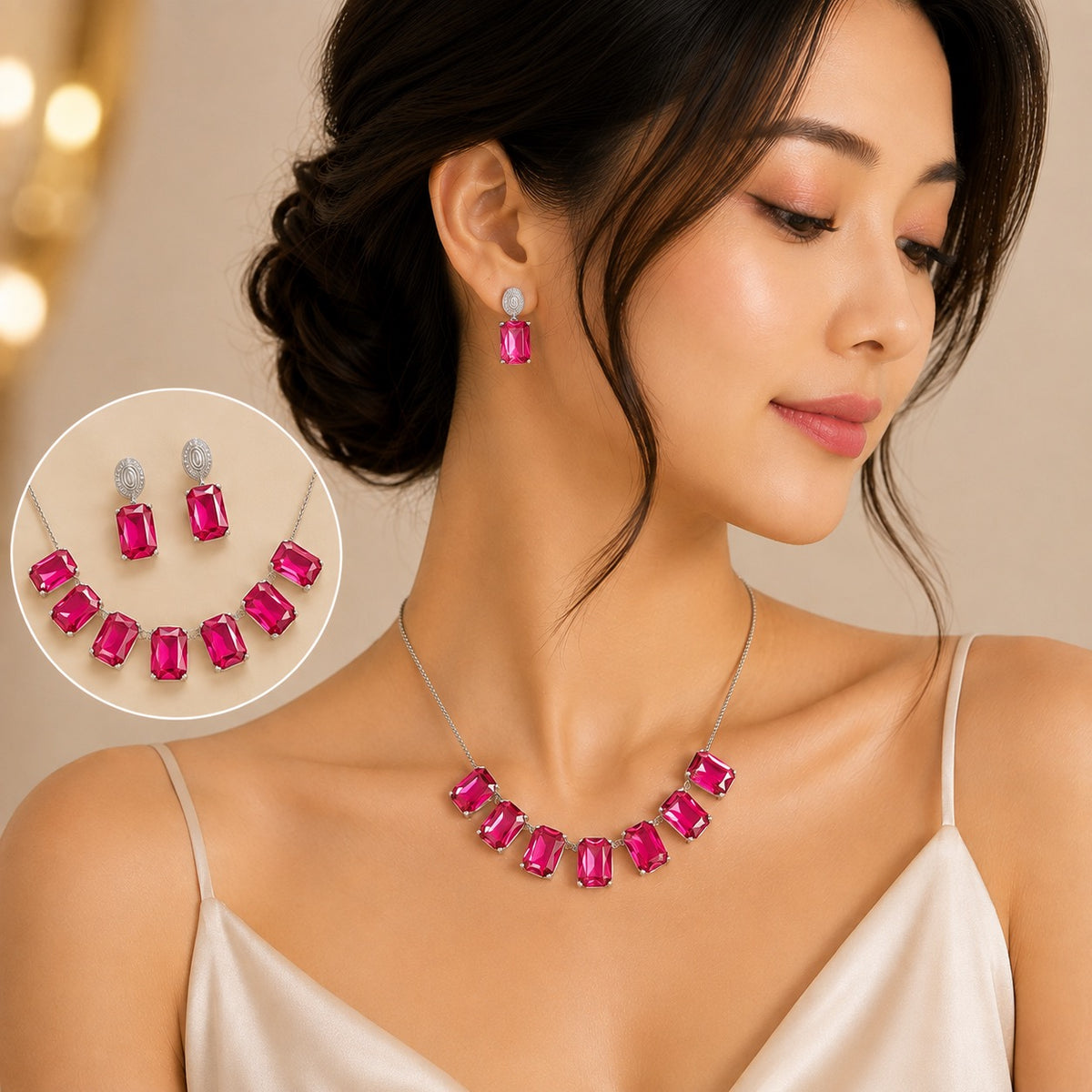 Rectangular Geometric Colored Glass Zircon Earrings Necklace Set