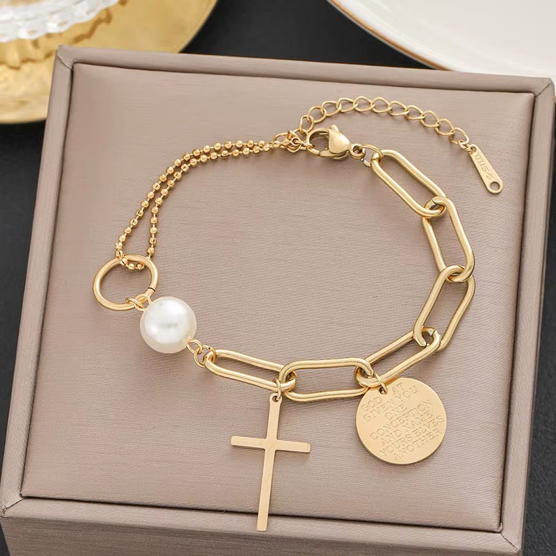 18k Gold Plated Large Linked Chain Cross Bracelet