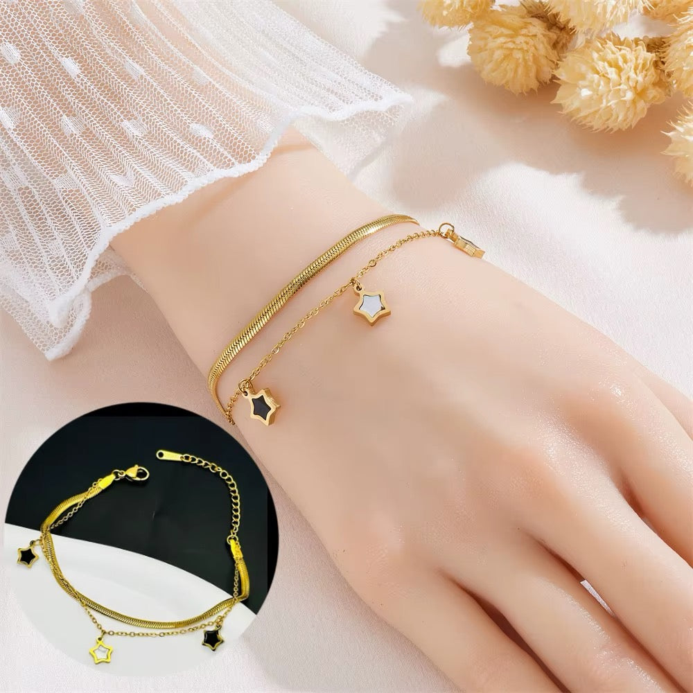 18k Gold Plated Double Snake Chain and Linked Chain With Black White Star Bracelet