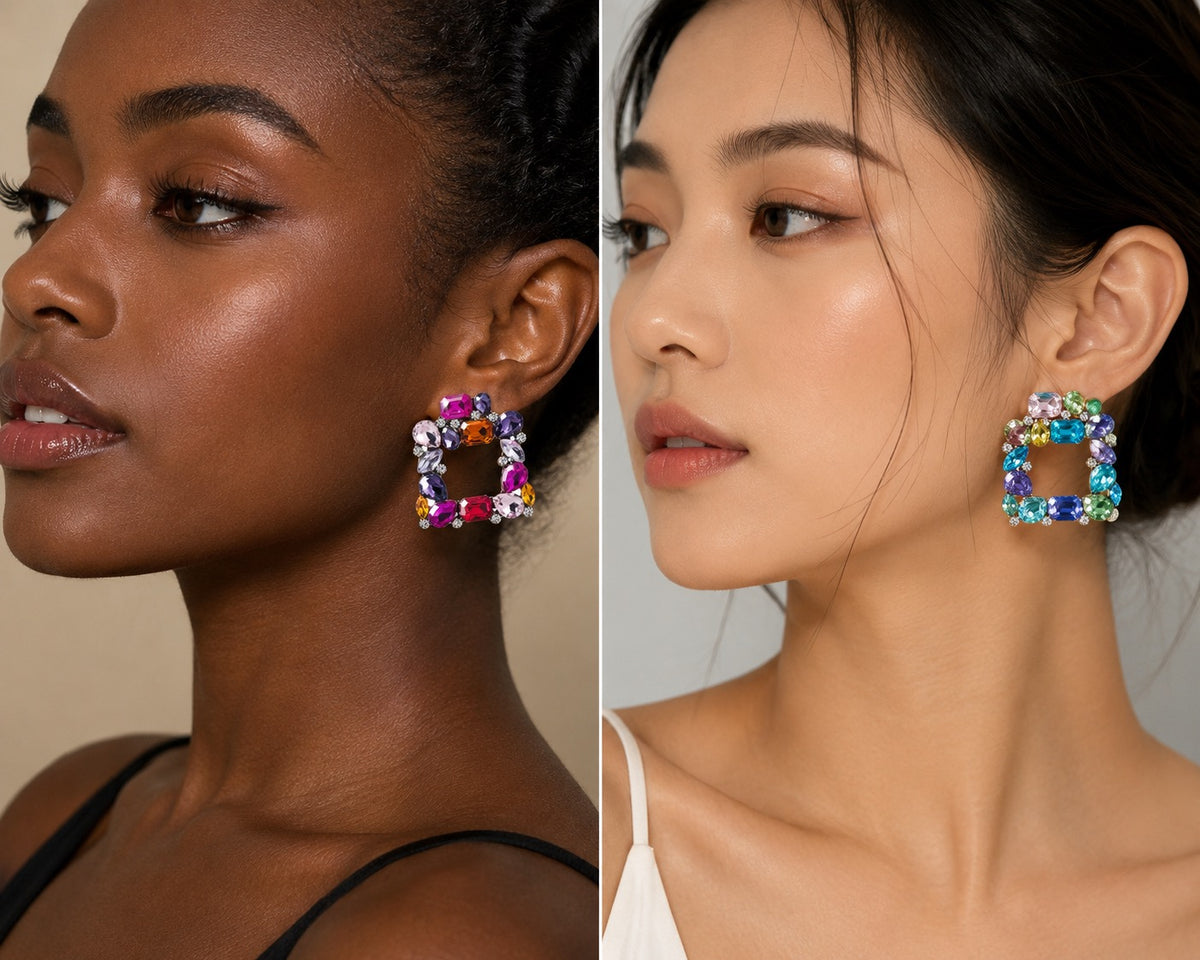 A split-screen lifestyle image showing two models wearing colorful square stud earrings. The left model has dark skin and wears a black strap top against a beige background, while the right model has light skin and wears a white strap top against a light gray background.