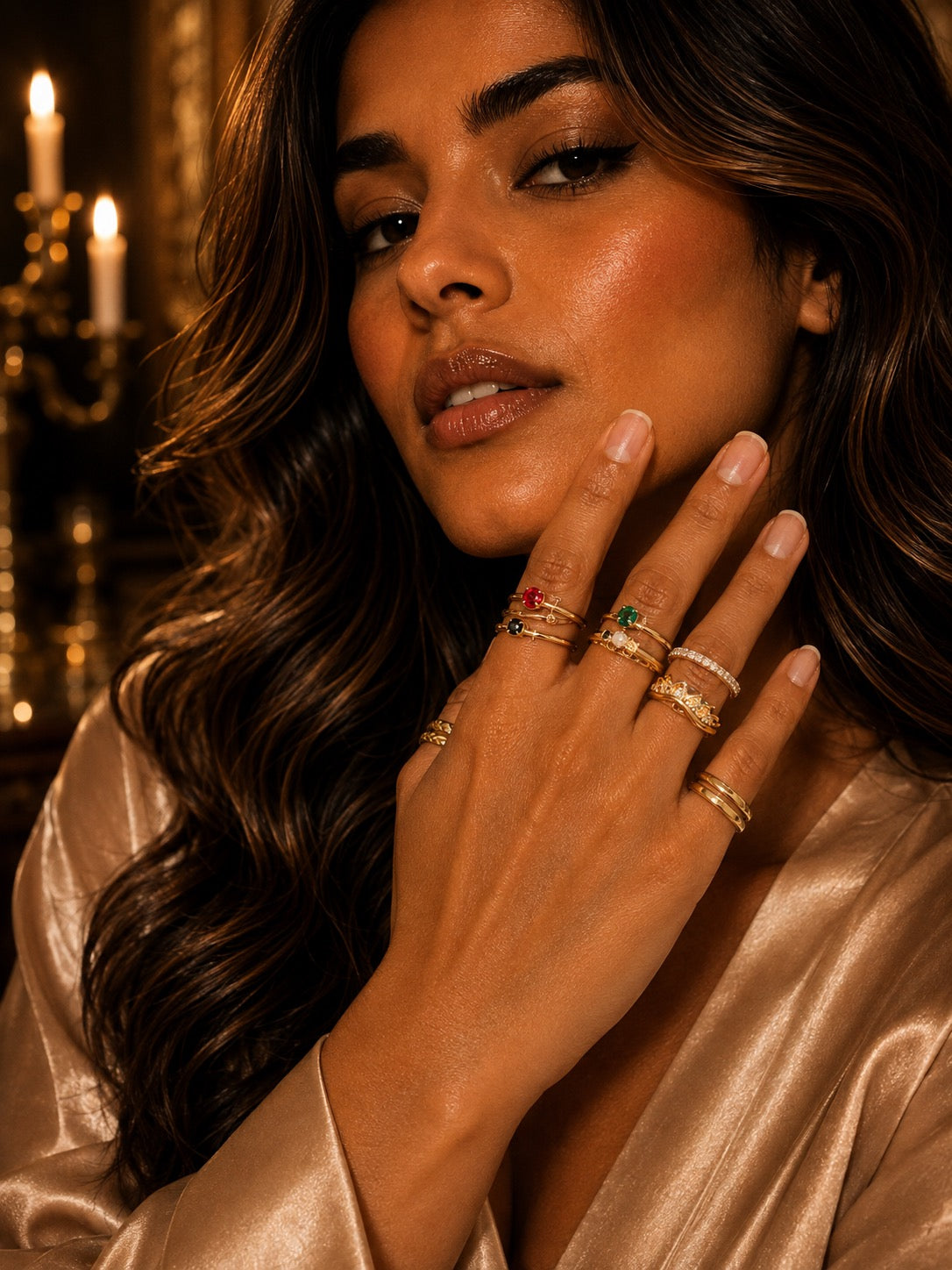 A close-up lifestyle shot of a woman wearing multiple gold rings with colorful gemstones on her fingers, set against a warm, candle-lit background.