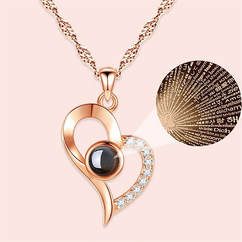 I Love You Crystal Rhinestone Fashion Pendant Projection Heart Necklace