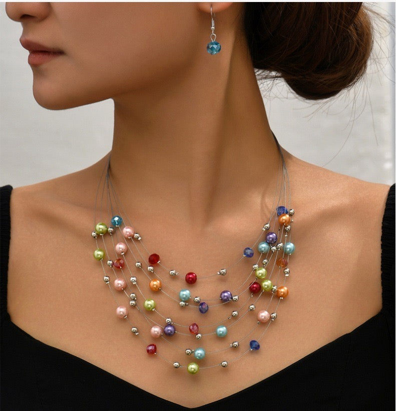 Multi Layered Handmade Coloured Pearl Necklace Earring Set