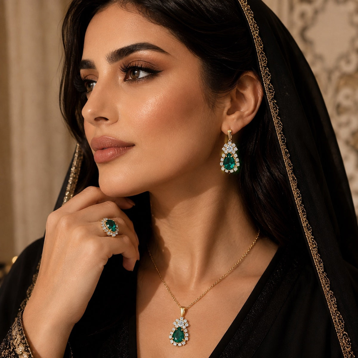 Rhinestone Ring Necklace Earrings Set