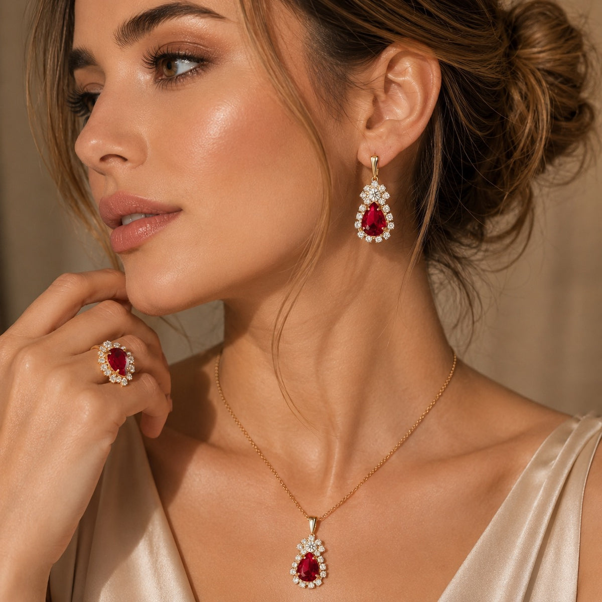 Rhinestone Ring Necklace Earrings Set