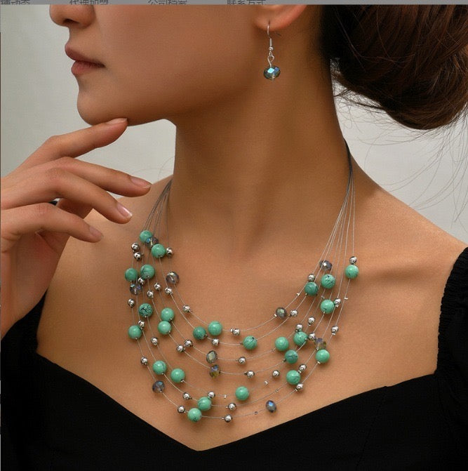 Multi Layered Handmade Coloured Pearl Necklace Earring Set