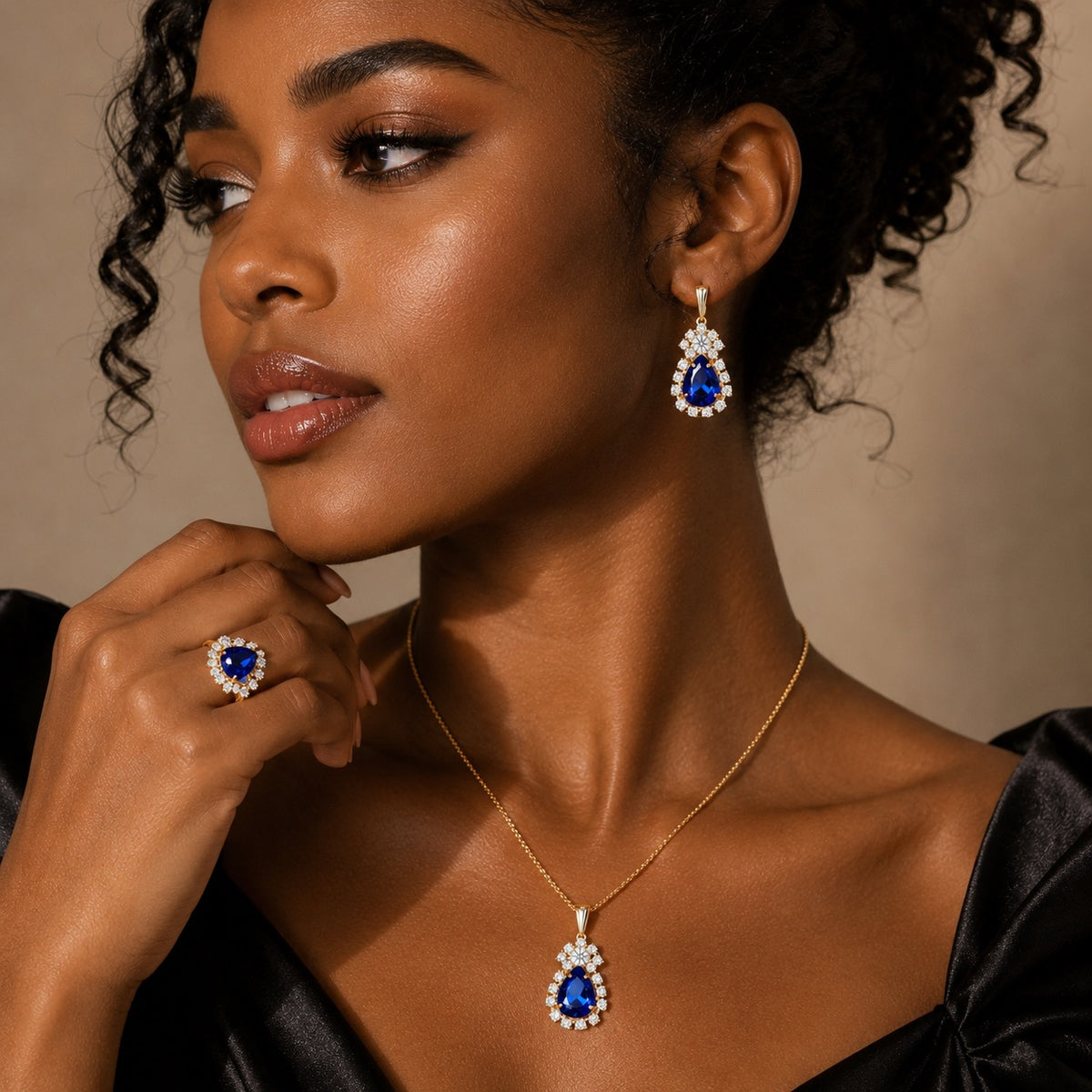 Rhinestone Ring Necklace Earrings Set