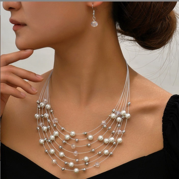 Multi Layered Handmade Coloured Pearl Necklace Earring Set