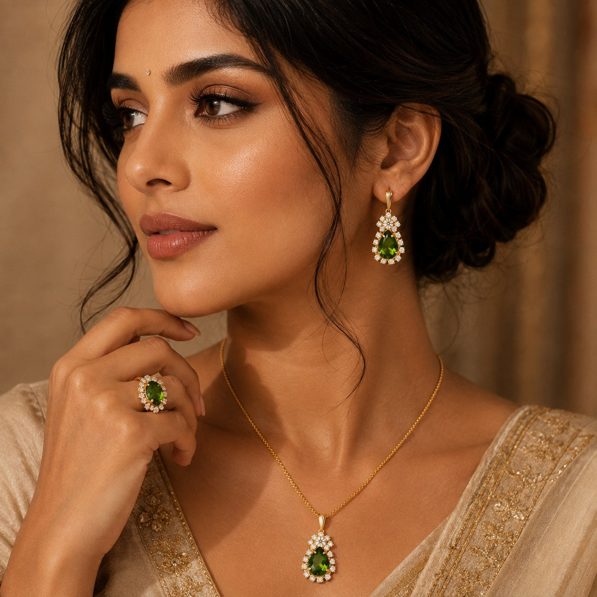Rhinestone Ring Necklace Earrings Set