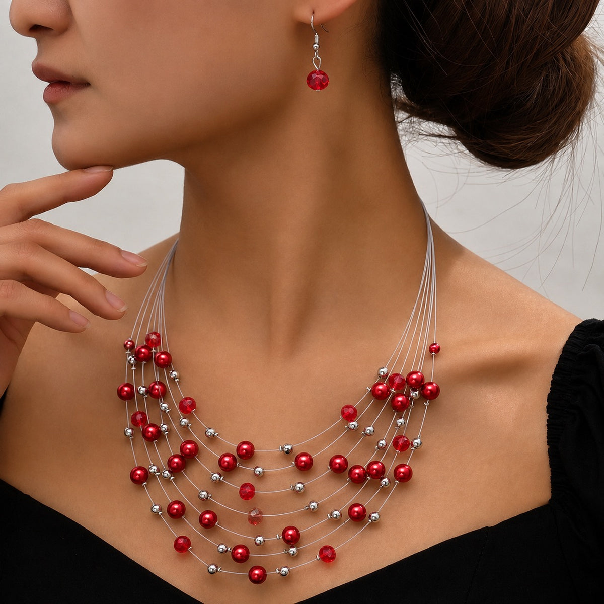 Multi Layered Handmade Coloured Pearl Necklace Earring Set