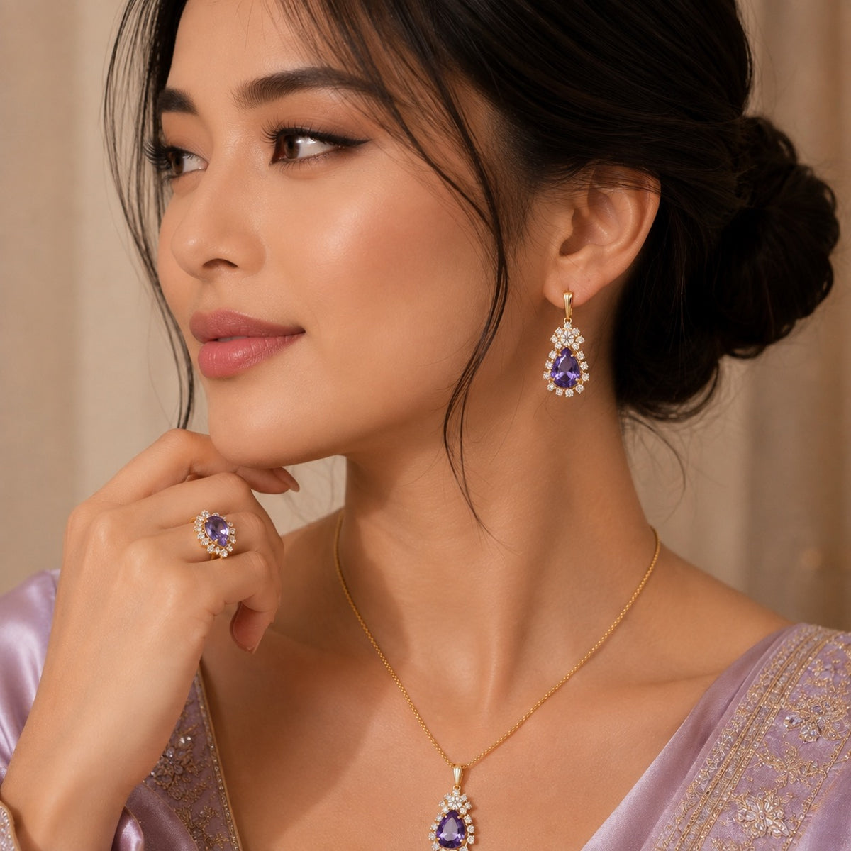 Rhinestone Ring Necklace Earrings Set