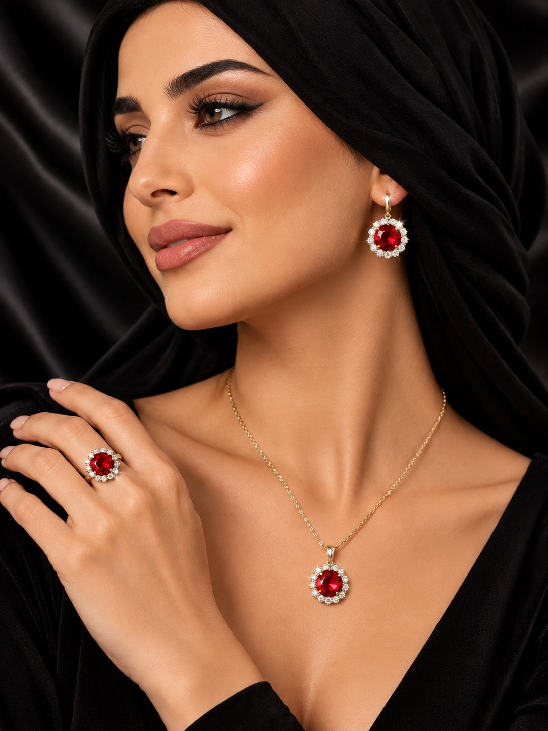Rhinestone Ring Necklace Earrings Round Pendent Set
