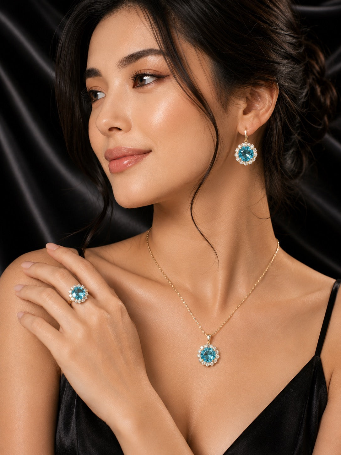 Rhinestone Ring Necklace Earrings Round Pendent Set