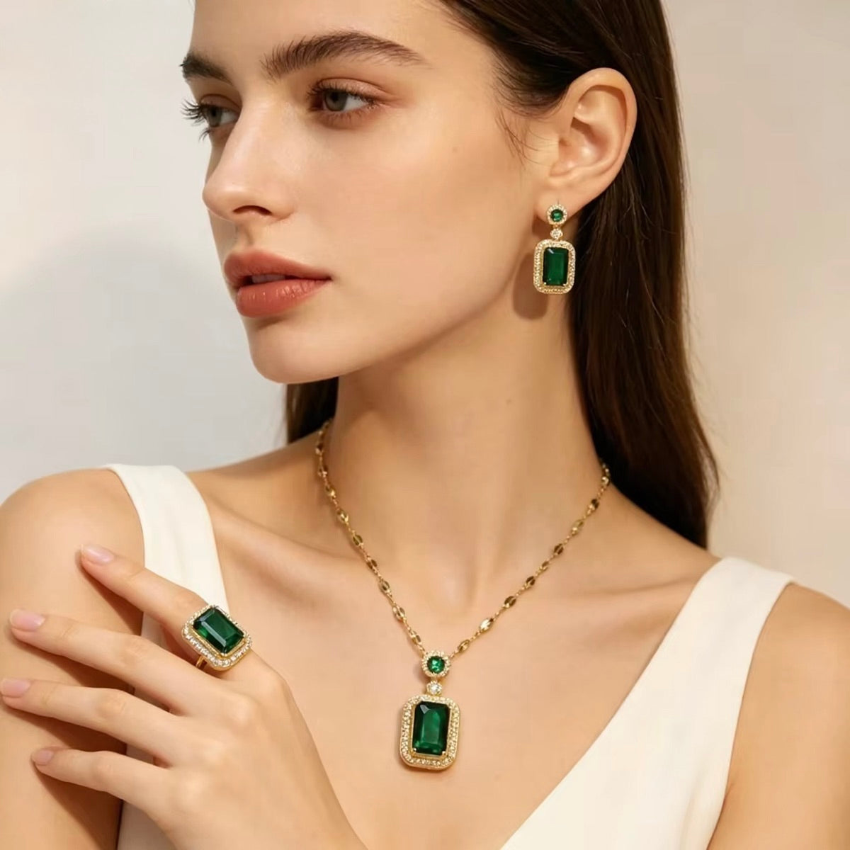 Gold Plated Emerald Square Zircon Collarbone Chain Necklace Earrings Ring Set