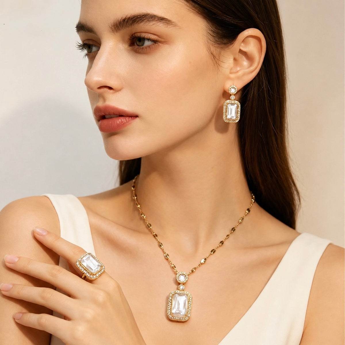 Gold Plated Emerald Square Zircon Collarbone Chain Necklace Earrings Ring Set