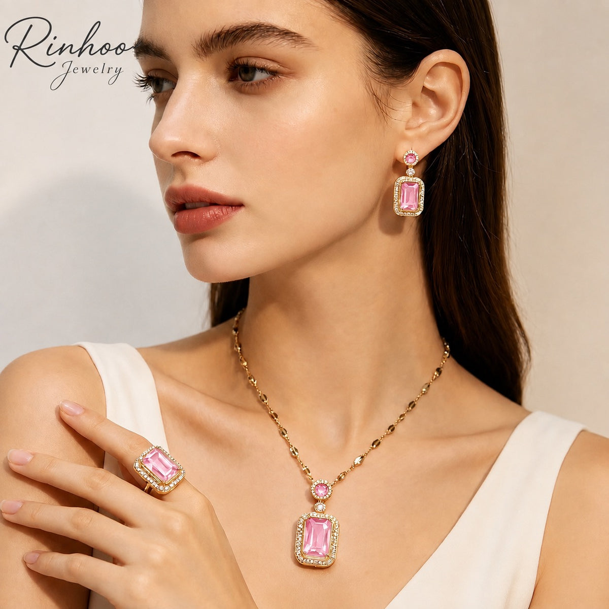 Gold Plated Emerald Square Zircon Collarbone Chain Necklace Earrings Ring Set