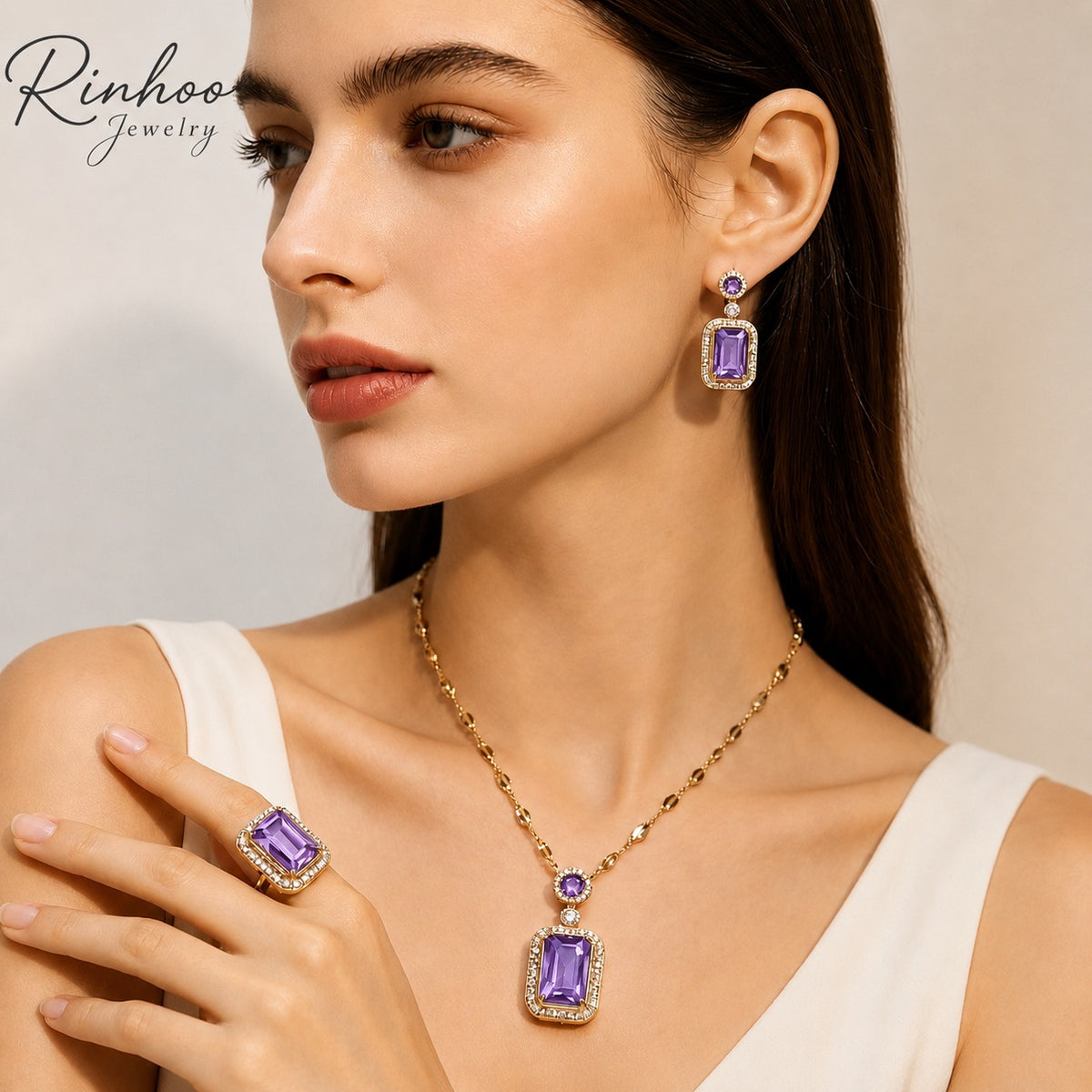 Gold Plated Emerald Square Zircon Collarbone Chain Necklace Earrings Ring Set