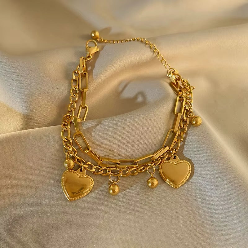 18k Gold Plated Double Thick Thin Chain Heart Ball Pendant Bracelet