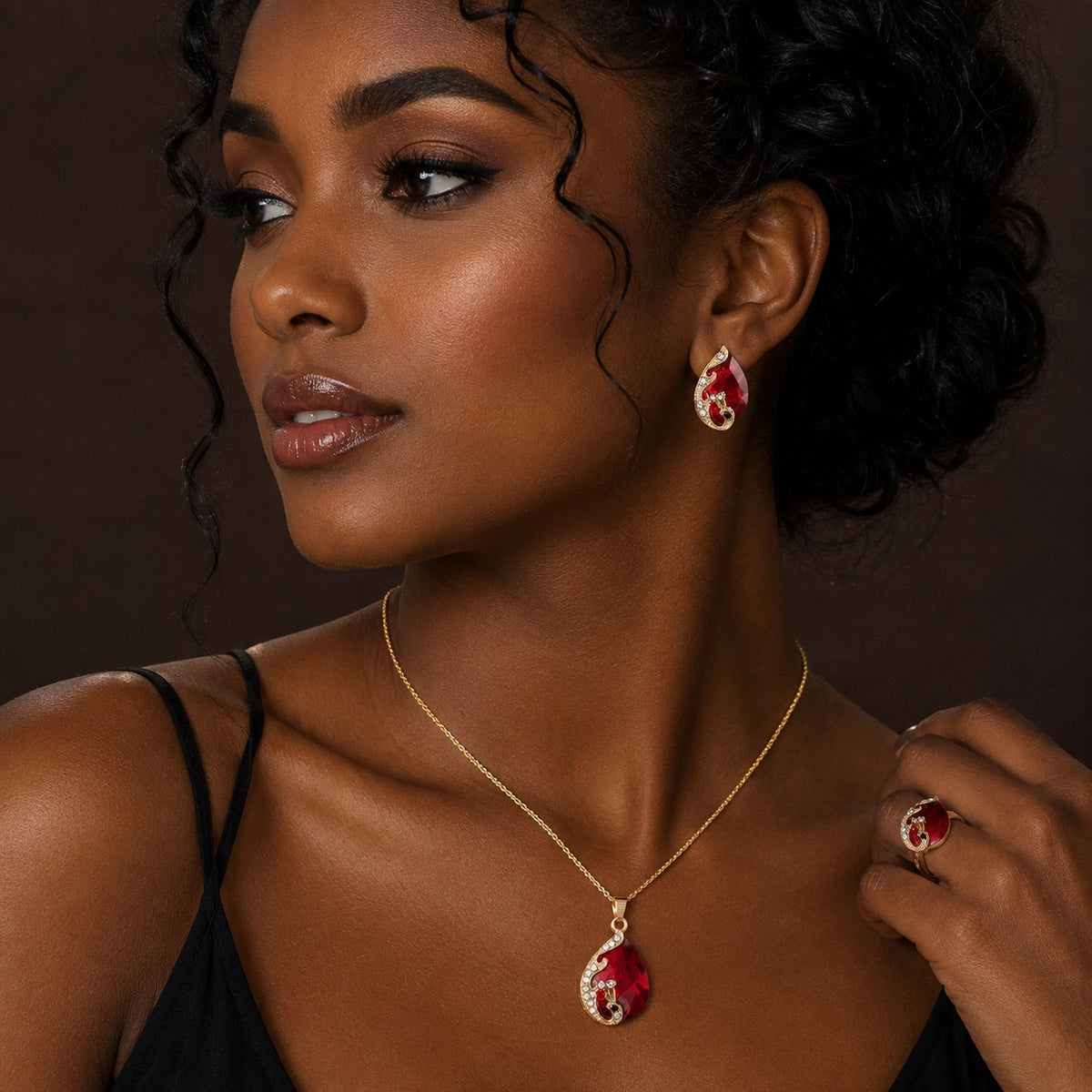 Rhinestone Ring Necklace Earrings Water Drop Pendent Set