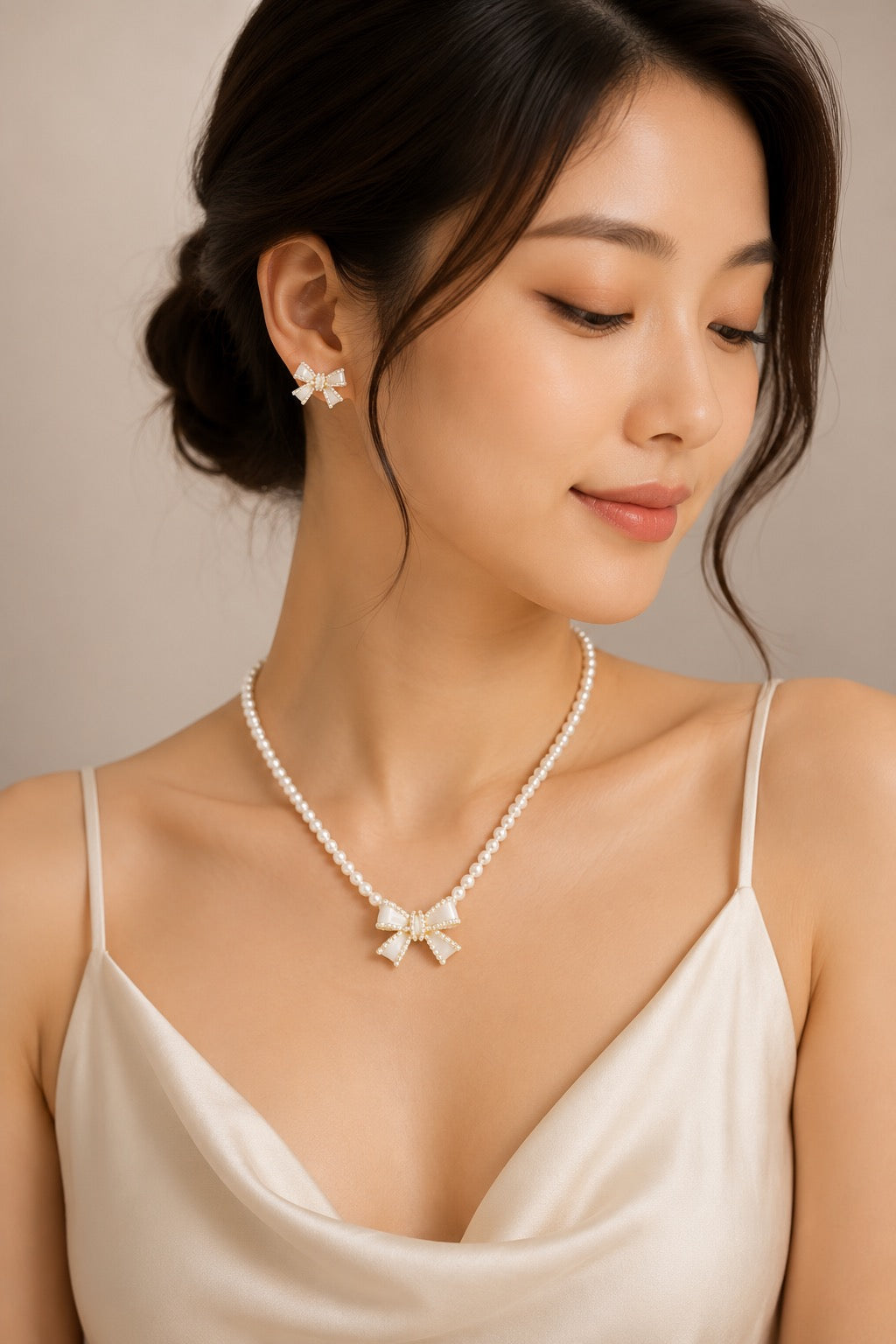 Pearl Necklace Adjustable Elegant Bow Necklace Earrings Set