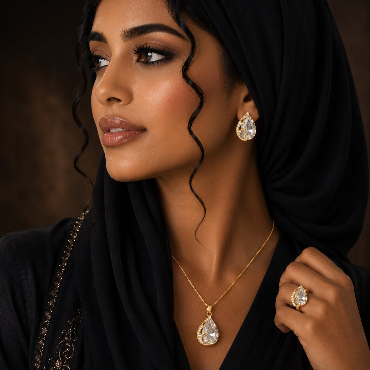 Rhinestone Ring Necklace Earrings Water Drop Pendent Set