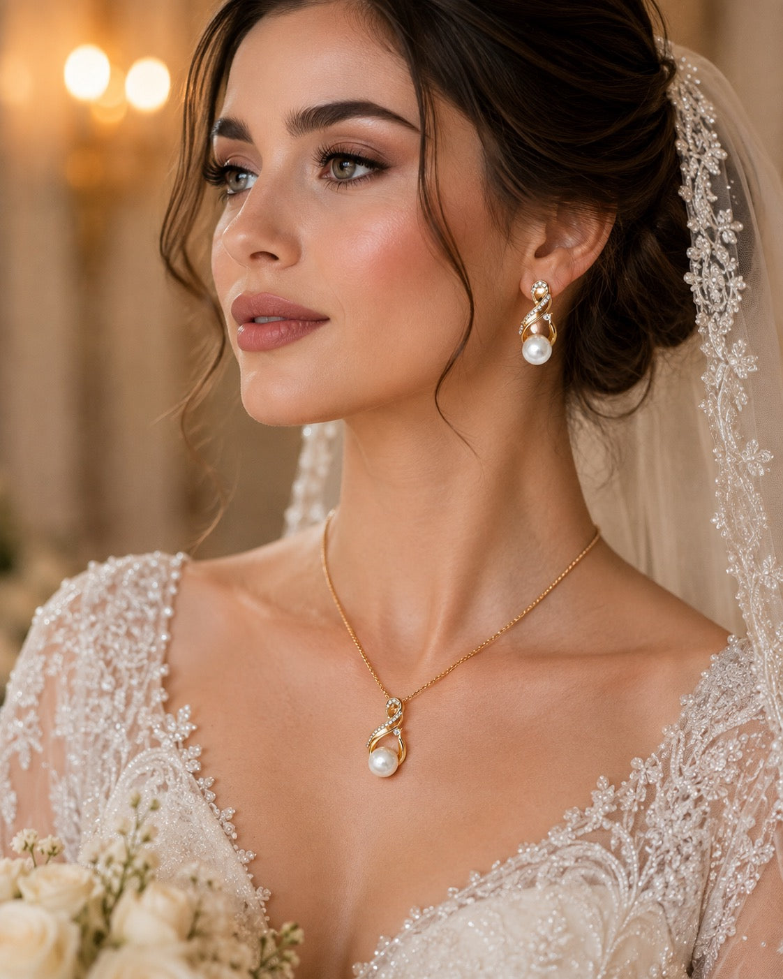 Bridal Pearl Necklace Earring Set