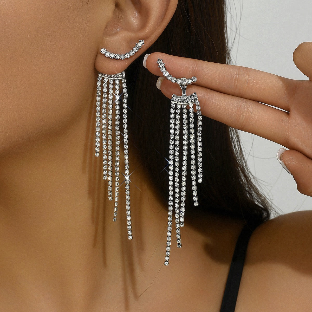 Fashionable Long Tassel Earrings with Rhinestones