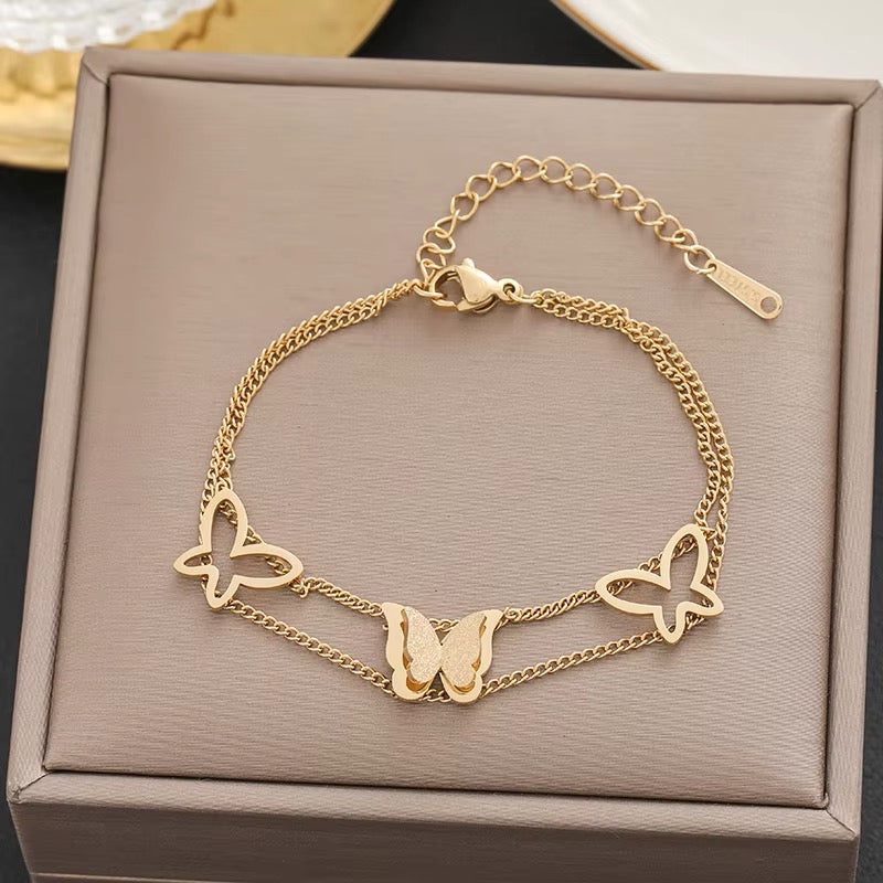 18k Gold Plated Double Thin Linked Chain Butterfly Bracelet