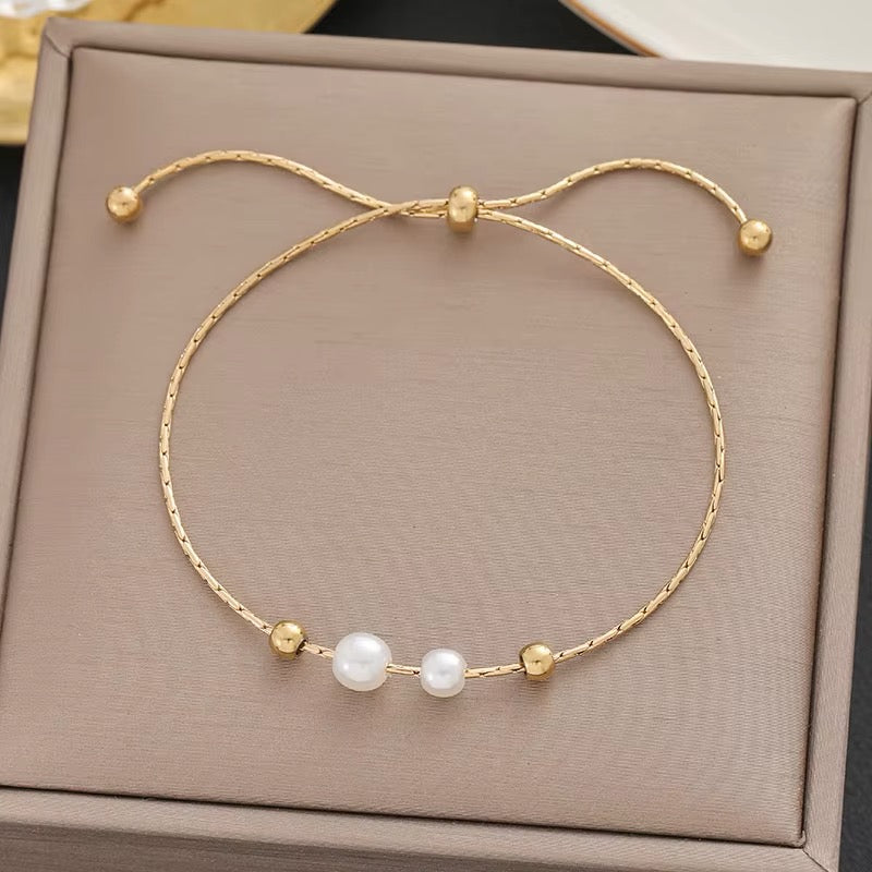 18k Gold Plated Thin Chain Gold Pearl Ball Bracelet