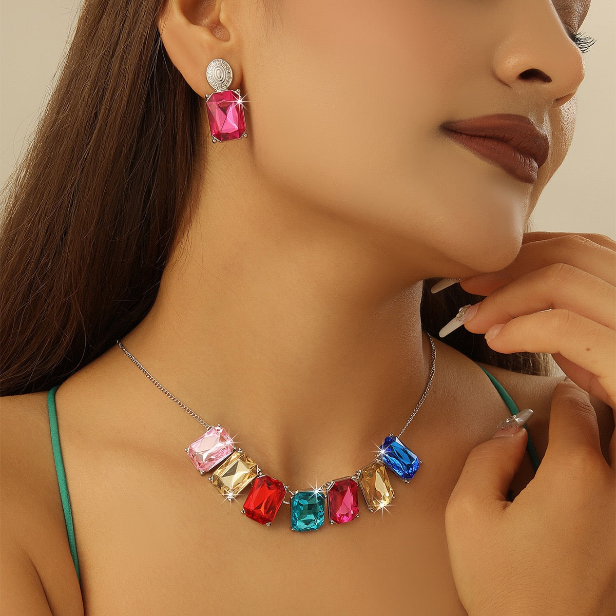 Rectangular Geometric Colored Glass Zircon Earrings Necklace Set
