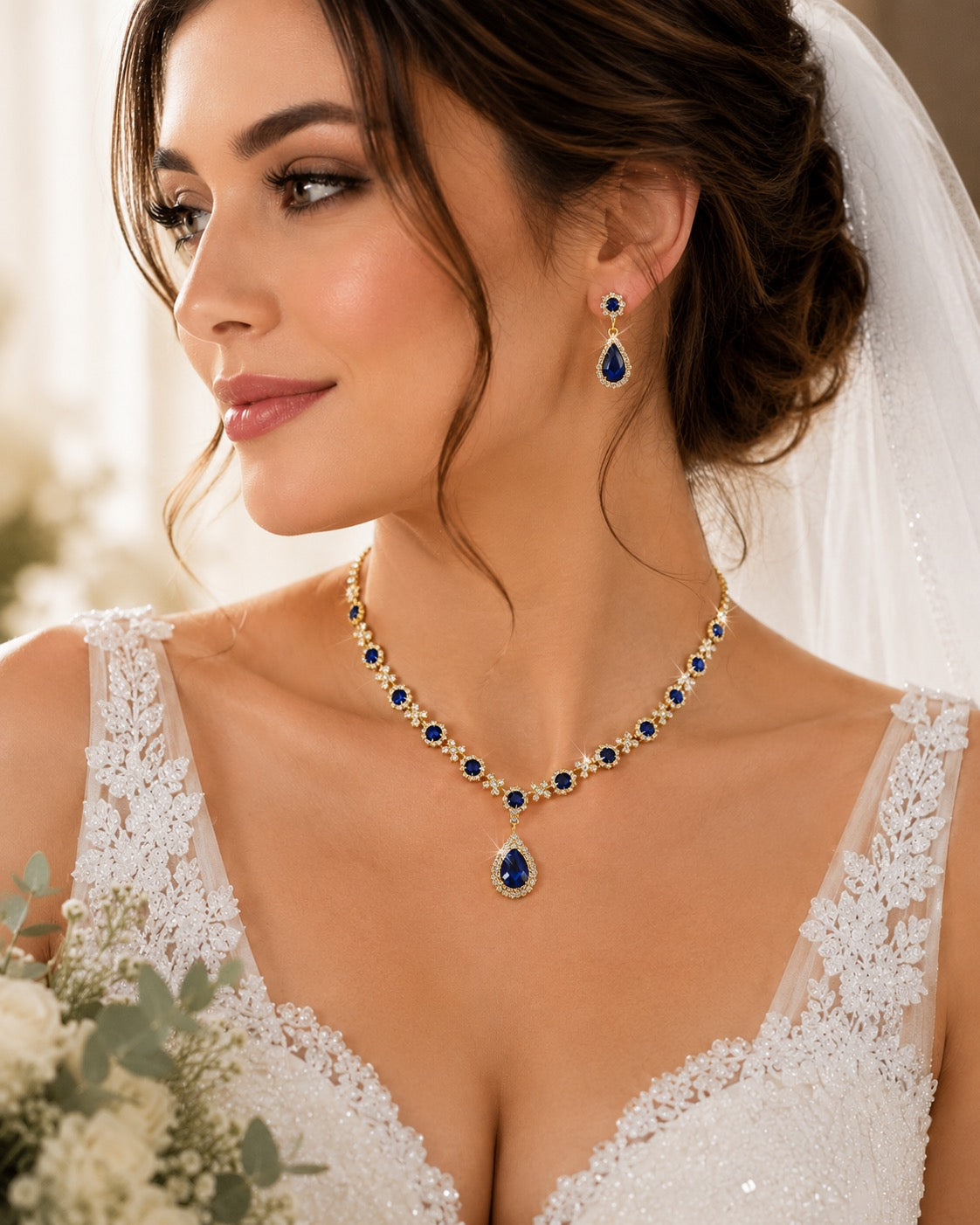 Teardrop Flower Diamond Necklaces Earrings
