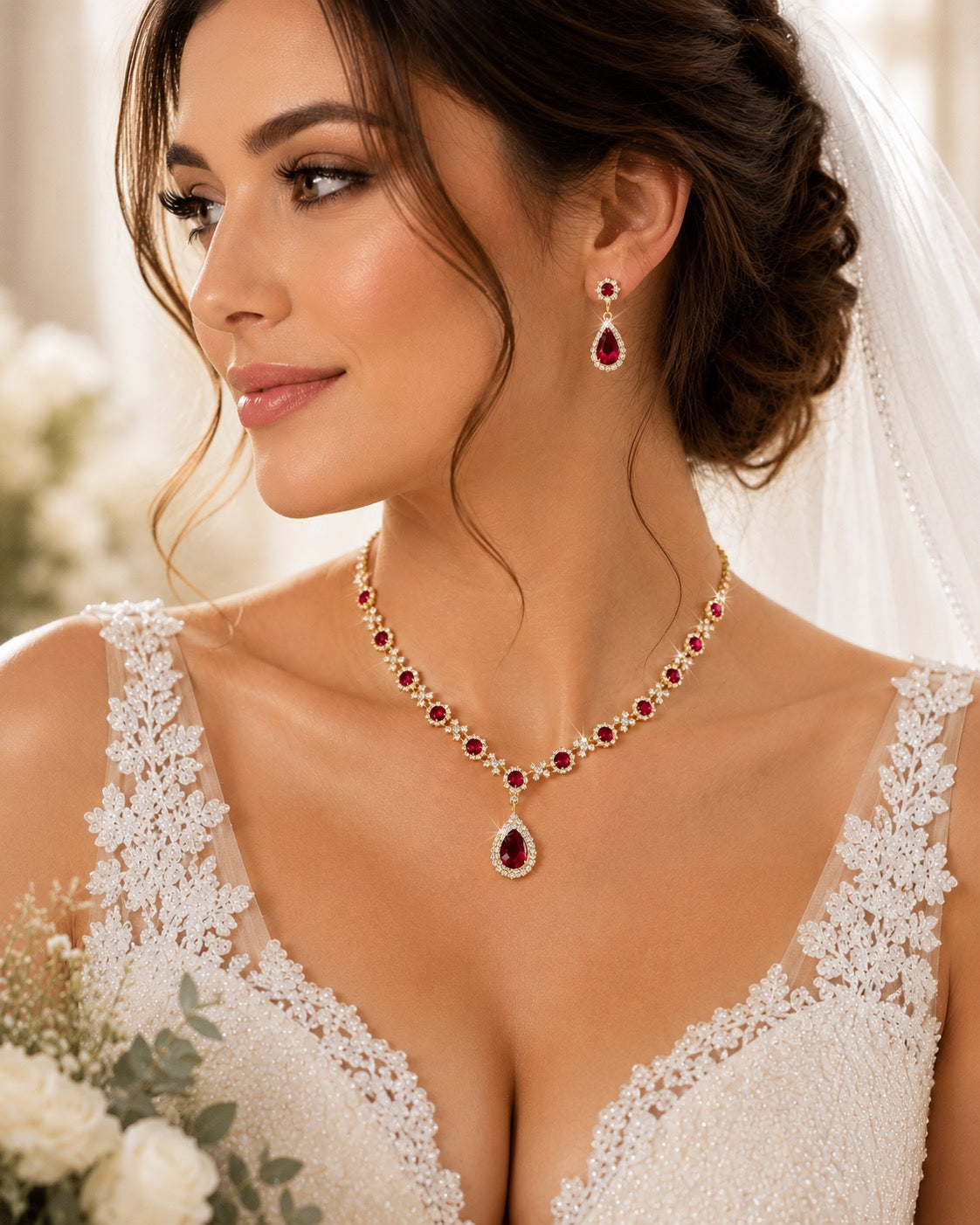 Teardrop Flower Diamond Necklaces Earrings