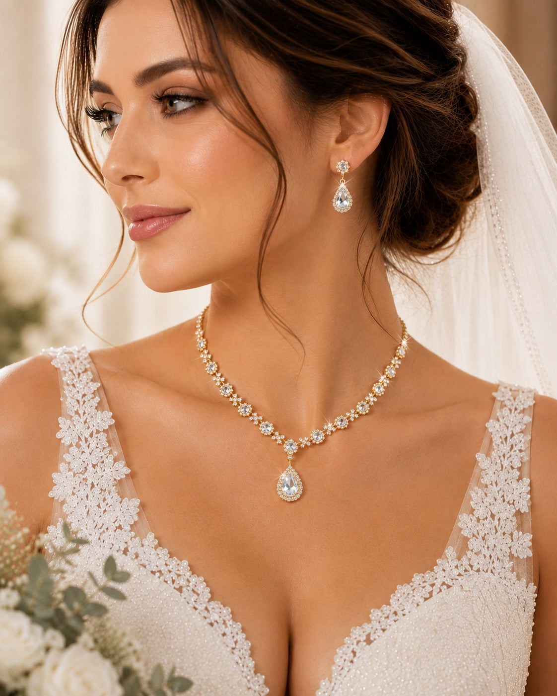 Teardrop Flower Diamond Necklaces Earrings