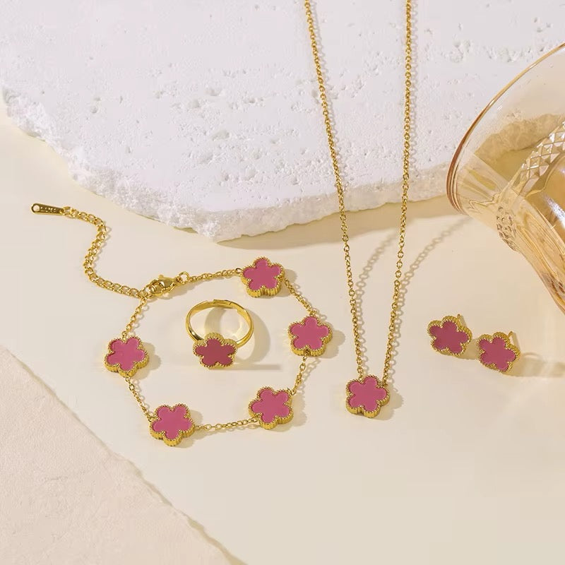 4 PCS 18K Stainless Steel Five Leaf Flower Clover Necklace Bracelet Earring Ring Set