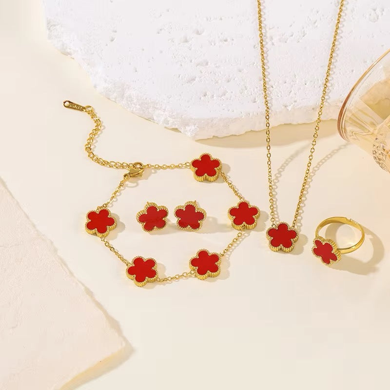 4 PCS 18K Stainless Steel Five Leaf Flower Clover Necklace Bracelet Earring Ring Set