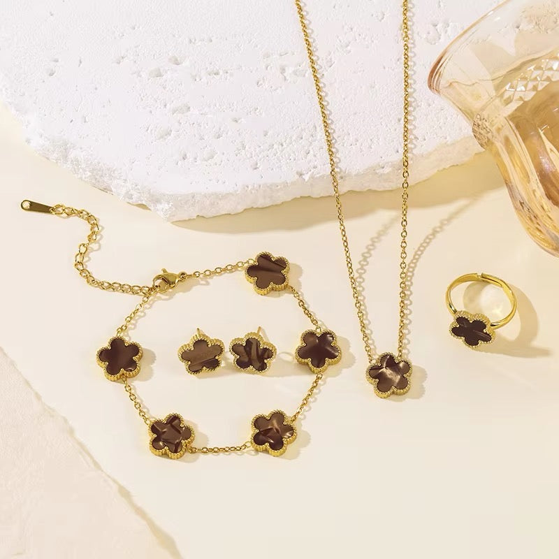 4 PCS 18K Stainless Steel Five Leaf Flower Clover Necklace Bracelet Earring Ring Set