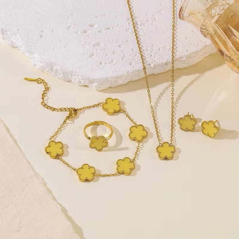 4 PCS 18K Stainless Steel Five Leaf Flower Clover Necklace Bracelet Earring Ring Set